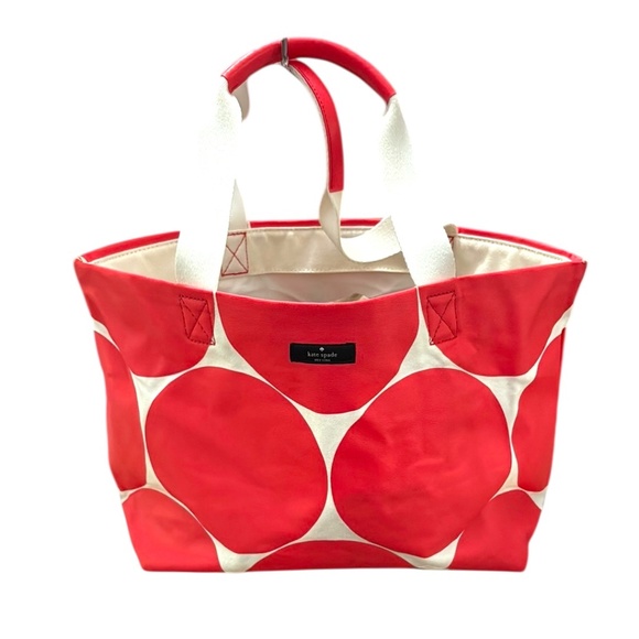 kate spade Handbags - Kate Spade Red Circle Print Canvas Tote Bag with Leather Trim GUC